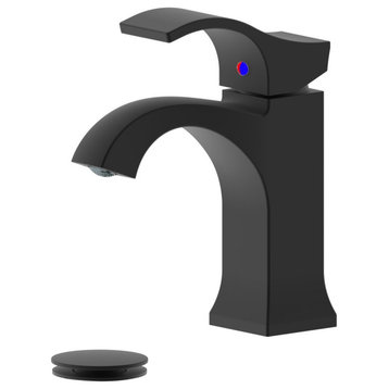 Kediri Single Handle Matte Black Bathroom Faucet, Drain Assembly With Overflow