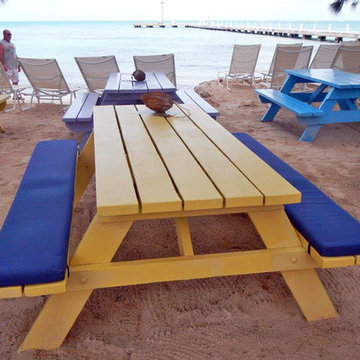 Sunbrella RAIN bench cushions add playful vibe to beach picnic tables