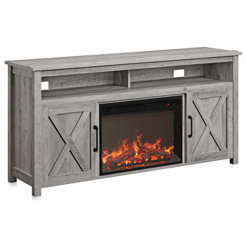 58" Corin Barn Door TV Stand with 23" Fireplace, Gray Wash