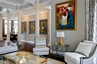 Large transitional formal and open concept dark wood floor and brown floor living room photo in Tampa with gray walls