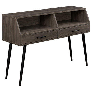 Midcentury Console Table, Unique Design With Open Shelves & Drawers, Slate Gray