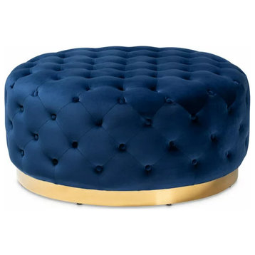 Contemporary Ottoman, Gold Base & All Over Button Tufted Fabric Seat, Royal Blue