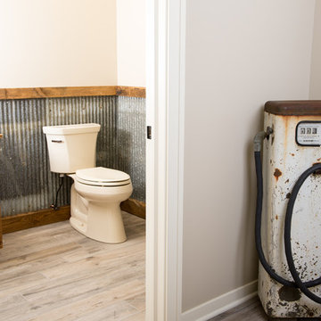 Vintage Powder Room, Corrugated Wainscot, Porcelain Wood Tile, and Custom Fabric