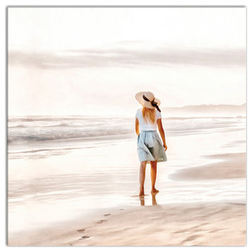 Watercolor Lady On Beach 16x16 Canvas Wall Art
