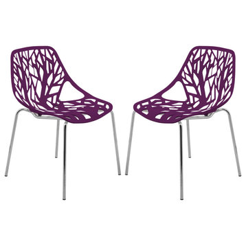 Leisuremod Asbury Plastic Dining Chair With Chromed Legs, Set of 2, Purple