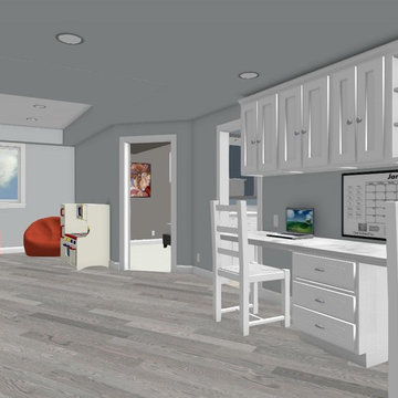Clean, Contemporary Basement with Built In Reading Nook Under Stairs