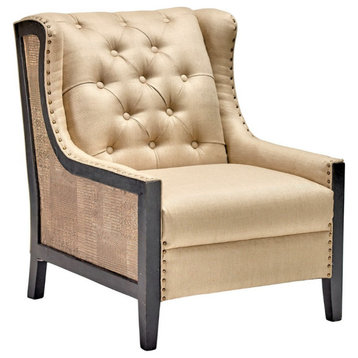 Upholstered Tan Taupe Tufted Armchair Wingback Style Nail Head Trim