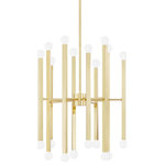 Mitzi by Hudson Valley Lighting - Dona 20-Light Chandelier Aged Brass - Long square tube arms are offset by small white bulbs in this minimalist fixture.