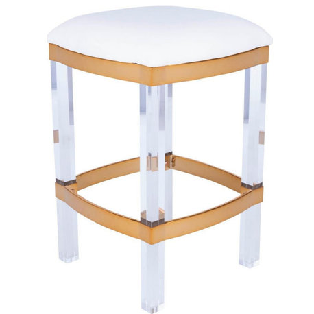 Counter Stool Polished Gold White Faux Leather Acrylic Polyurethane