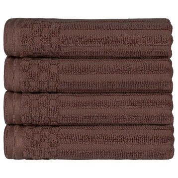 4 Piece Checkered Border Cotton Hand Towel Set, Java