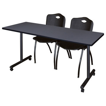 66" x 24" Kobe Mobile Training Table- Grey & 2 'M' Stack Chairs- Black