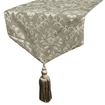 Luxury Table Runner Grey Jacquard 14"x64" Victorian Style, Damask - Isabella