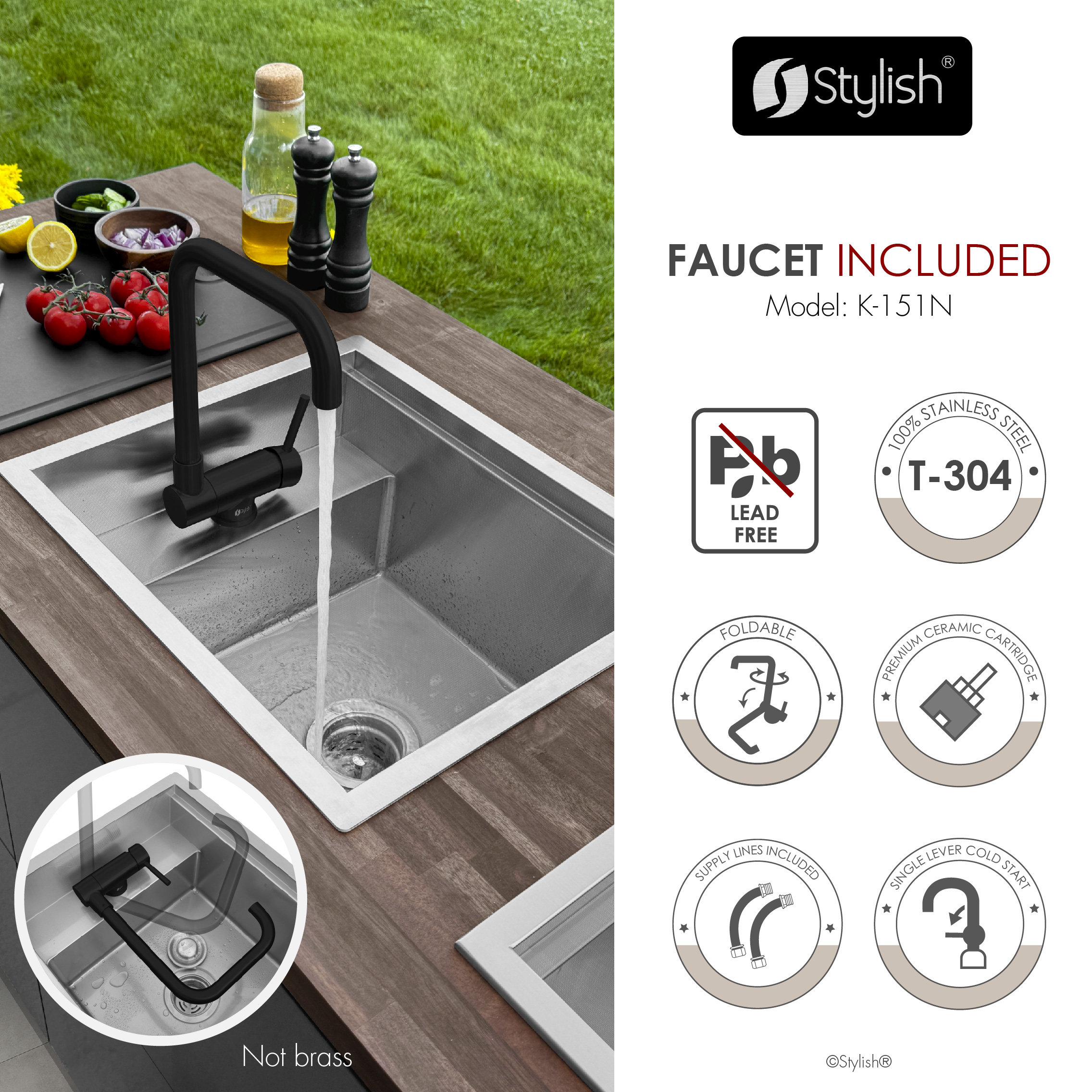 Concealed Dual-Mount Steel Utility Sink 20", 1-Hole Prep Sink, Dura-Tek, Black