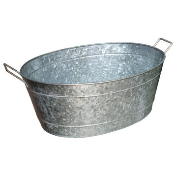 Embossed Design Oval Shape Galvanized Steel Tub With Side Handles, Small, Silver
