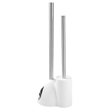 iDesign Toilet Bowl and Plunger Set, White and Brushed Stainless Steel