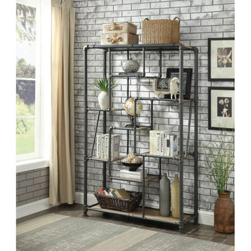 Industrial Bookcase, Unique Design & Open Shelves with Wood Panels, Black/Brown