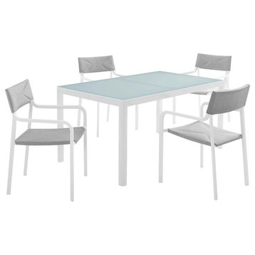 Raleigh Outdoor Patio Aluminum Dining Set With 4 Stackable Chairs, White Gray
