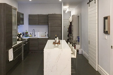 Photo of a l-shaped open plan kitchen in New York with an undermount sink, flat-panel cabinets, grey cabinets, stainless steel appliances, with island and grey floor.