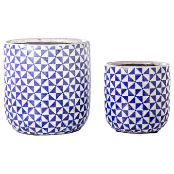 Round Ceramic Pot with Endless Symmetric Design Gloss Blue Finish, Set of 2