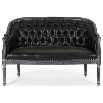 Chesterfield Loveseat, Turned Legs With Midnight Faux Leather Seat & Tufted Back