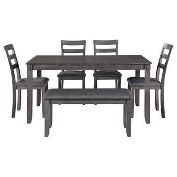 Benzara 6 Piece Wooden Dining Table Set With Padded Chairs & Table, Gray