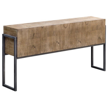 Luxe Minimalist Wood Block Slab Console Table Contemporary Modern Iron Cubeï¿½
