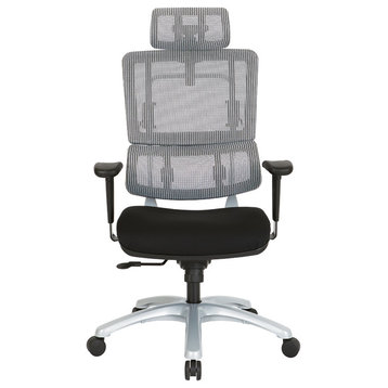 Vertical Gray Mesh Back Chair With Silver Base and Black Coal Seat With Headrest