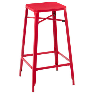 Stackable Industrial Metal Bar Stools With Square Mesh Tops, Set of 4, Red, 30"