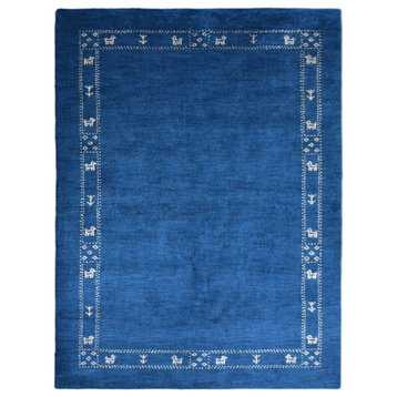 Hand Knotted Loom Silk Mix Area Rug Contemporary Blue