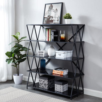 Modern Bookcase, Geometric Accented Open Frame & Glass Shelves, 5 Shelves/Large