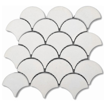Fish Scale Fan Shape Thassos White Marble Grand Mosaic Tile Honed, 1 sheet