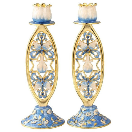 Shabbat Candlestick (2-Piece Set) Hand-Painted  Gold-Plated Pewter