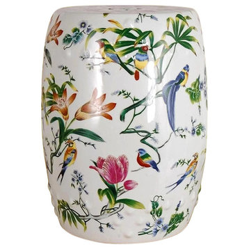 Chinese Multi Color Porcelain Bird Motif Round Garden Stool 18"
