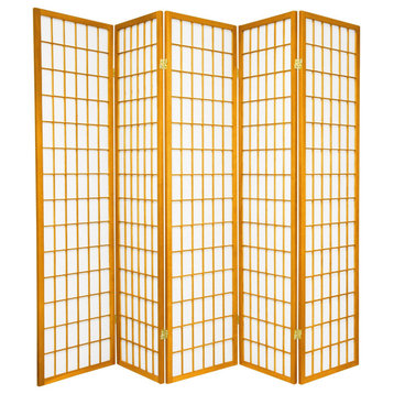 Modern Classic Room Divider, Window Pane Rice Paper Screens, Honey/5 Panels