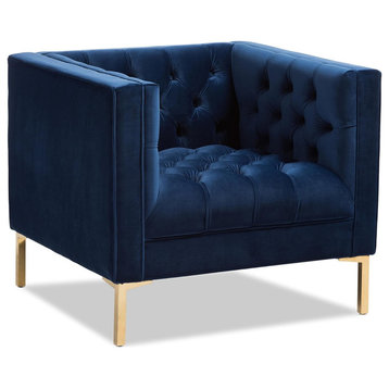 Contemporary Accent Chair, Padded Velvet Seat With Button Tufted Backrest, Blue