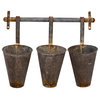 Antiqued Metal Wall Rack With 3 Hanging Tin Pots
