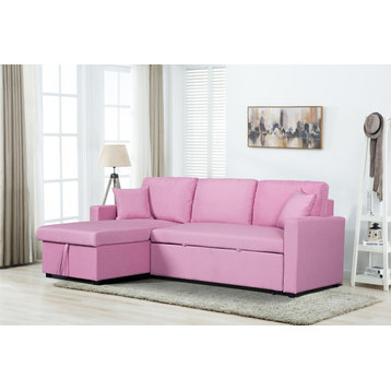 Paisley Pink Linen Fabric Reversible Sleeper Sectional Sofa with Storage Chaise