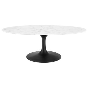 Modern Coffee Table, Pedestal Base & Oval Shaped Faux Marble Top, Black & White