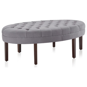 Oval Tufted Ottoman/Bench, Linen Fabric With Wood Leg, Gray