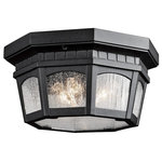 Kichler - Outdoor Ceiling 3-Light, Textured Black - Uncluttered and traditional, this 3 light flush mounted ceiling fixture from the Courtyard collection adds the warmth of a secluded terrace to any patio or porch. Featuring a Textured Black finish and clear seedy glass, this design will elevate and enhance any space.