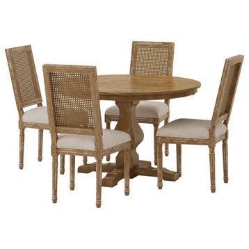 Merlene French Country Upholstered Wood and Cane 5-Piece Circular Dining Set, Natural/Beige
