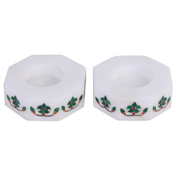 Novica Floral Alliance In Green Marble Tealight Holders, Set of 2