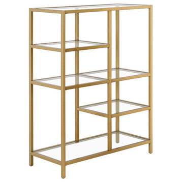 Minimalistic Bookcase, Metal Frame With Staggered Clear Glass Shelves, Gold