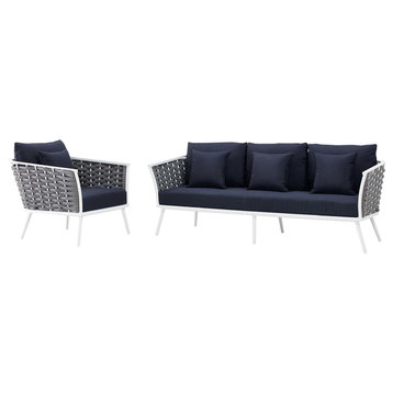 Modern Outdoor Lounge Chair and Sofa Set, Fabric Aluminium, White Navy