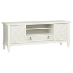 Tommy Bahama Home - Wharf Street Media Console - The two doors with decoraitve fretwork over woven raffia panels slide from the outside to the center exposing five adjustable shelves. In the center section is a single drawer with woven raffia drawer front, and grommets.