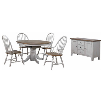 Round Extendable Dining Table Set, 2 Arm Chairs, Buffet, Distressed Gray/Brown