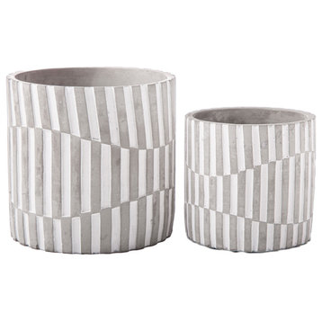 Cement Pot with Geometric Column Design Washed Concrete Gray Finish, Set of 2