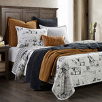 Paseo Road by HiEnd Accents - 3-Piece Ranch Life Western Toile Reversible Quilt Set, Full/Queen - A playful Western take on traditional Toile de Jouy, our Ranch Life Reversible Quilt takes you on a heritage journey through the American frontier, replete with natural scenery of wrangling cowboys, grazing cow herds, and frolicking desert wildlife. Its versatile black-and-white colorway lends a clean, modern look, juxtaposed with ticking stripes for a vintage feel. Suitable for both modern and traditional Western interiors, Ranch Life transforms into a rich rustic ensemble when mixed with the earth tones and rich textures of our Cotton Canvas Collection and faux leather pillows.