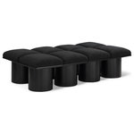 Meridian Furniture - Pavilion Black Boucle Fabric Bench, Black, Black Finish, 62" W X 36" D X 17.5" H - Bring valuable seating and remarkable style to your space with this black Pavilion Boucle Fabric Bench, an exquisite balance of style and usability for the entryway, bedroom, and beyond. Crafted from oak veneer with a black finish, this bench has a 4-inch-thick seat cushion that's channel-tufted for a touch of luxury. The bench's columnar bases add a dash of Art Deco design, making it a captivating focal point in any room.