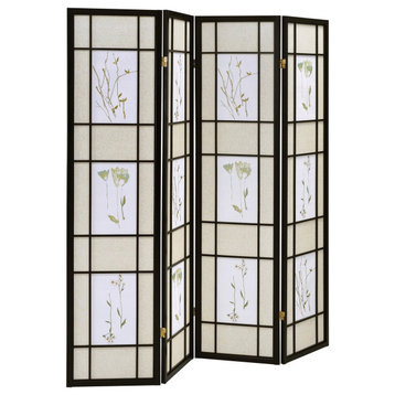 4 Panel Screen With Floral Print Detailing And Wooden Frame, Black